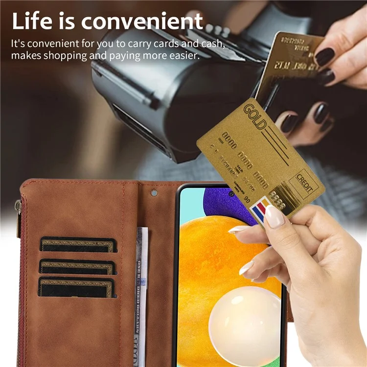 For Samsung Galaxy A13 5G / A13 4G PU Leather Zipper Pocket Wallet Shell 9 Card Slots Rhombus Imprint Stand Phone Case - Brown