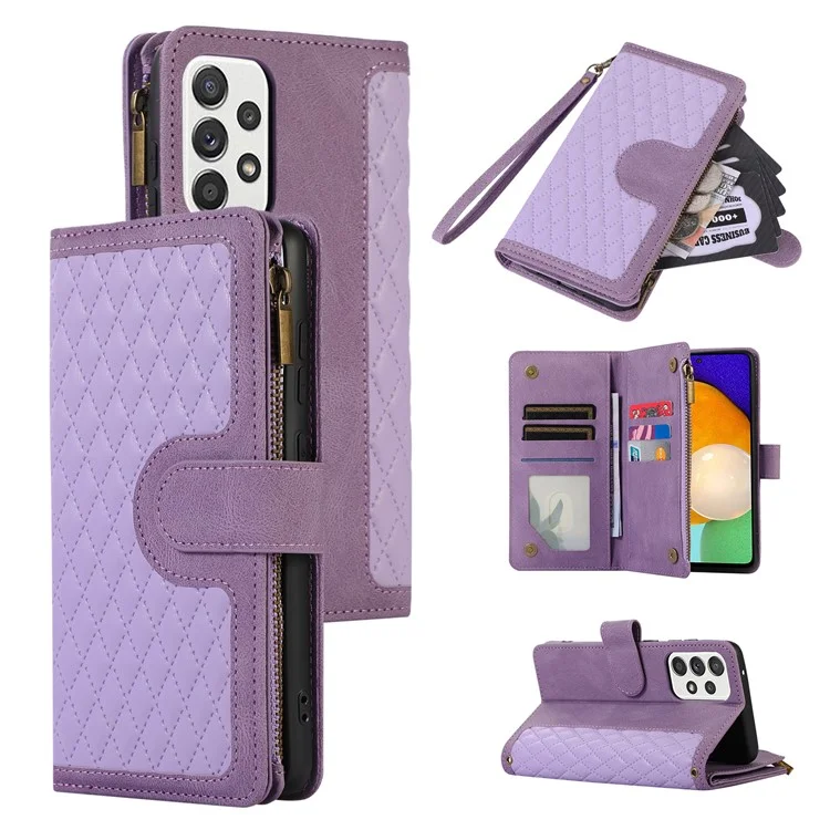 Für Samsung Galaxy A23 4G / A23 5G (Global Version) Reißverschlusstaschen-Handyhülle Geprägtes Leder-Brieftasche-Standfutter mit 9 Kartenfächern - Lila
