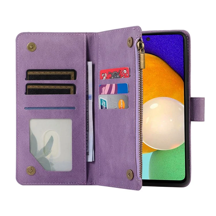 Für Samsung Galaxy A23 4G / A23 5G (Global Version) Reißverschlusstaschen-Handyhülle Geprägtes Leder-Brieftasche-Standfutter mit 9 Kartenfächern - Lila