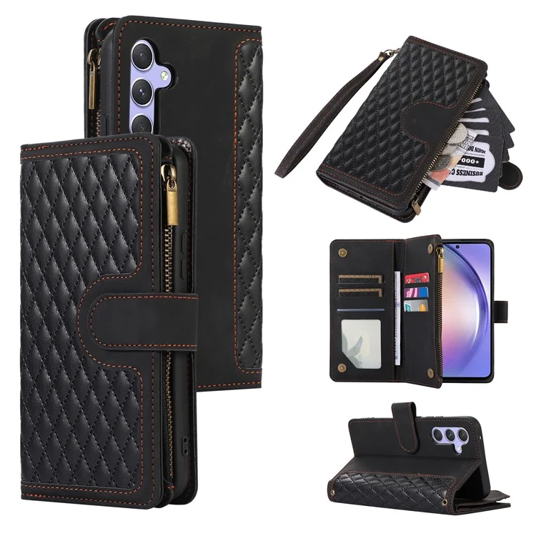 For Samsung Galaxy A24 4G (162.1 x 77.6 x 8.3mm) Zipper Pocket Wallet Stand Phone Case 9 Card Slots Imprinted Leather Shell - Black