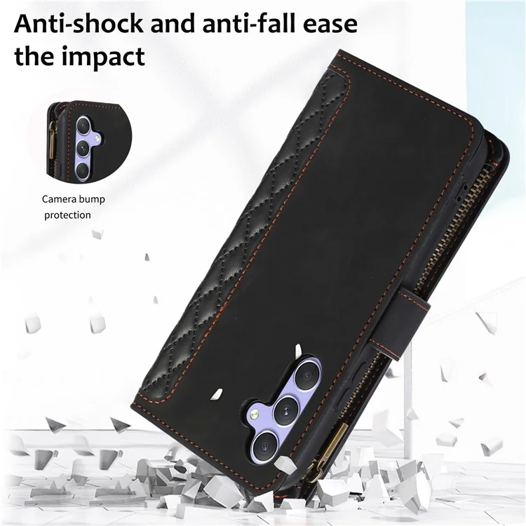For Samsung Galaxy A24 4G (162.1 x 77.6 x 8.3mm) Zipper Pocket Wallet Stand Phone Case 9 Card Slots Imprinted Leather Shell - Black