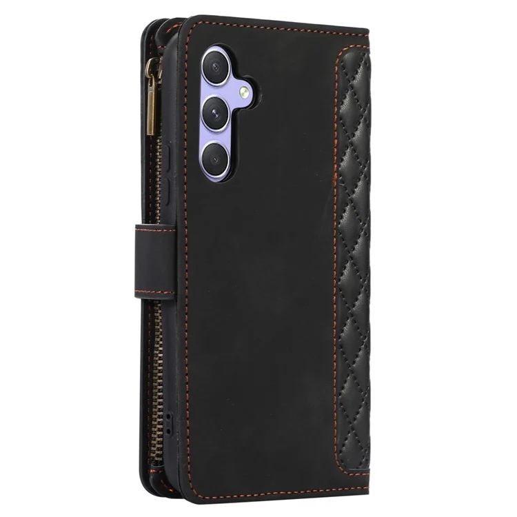 For Samsung Galaxy A24 4G (162.1 x 77.6 x 8.3mm) Zipper Pocket Wallet Stand Phone Case 9 Card Slots Imprinted Leather Shell - Black