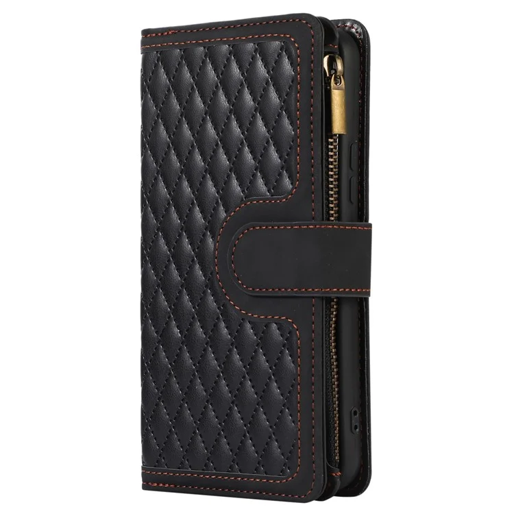For Samsung Galaxy A24 4G (162.1 x 77.6 x 8.3mm) Zipper Pocket Wallet Stand Phone Case 9 Card Slots Imprinted Leather Shell - Black