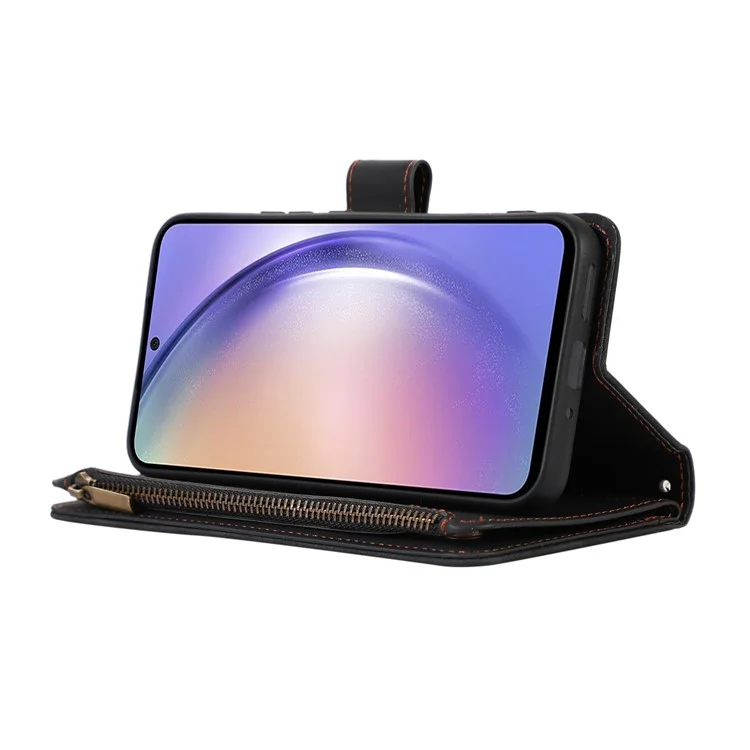 For Samsung Galaxy A24 4G (162.1 x 77.6 x 8.3mm) Zipper Pocket Wallet Stand Phone Case 9 Card Slots Imprinted Leather Shell - Black