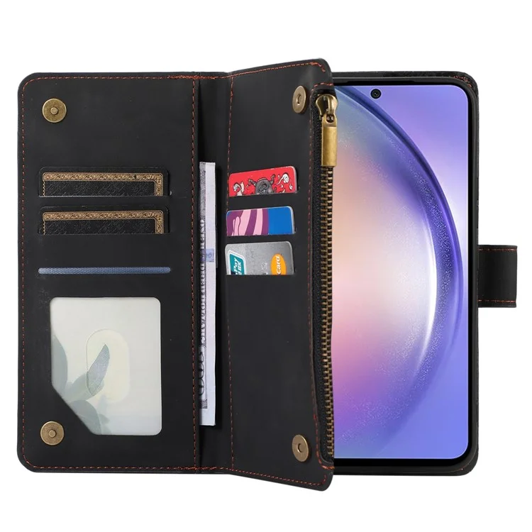 For Samsung Galaxy A24 4G (162.1 x 77.6 x 8.3mm) Zipper Pocket Wallet Stand Phone Case 9 Card Slots Imprinted Leather Shell - Black