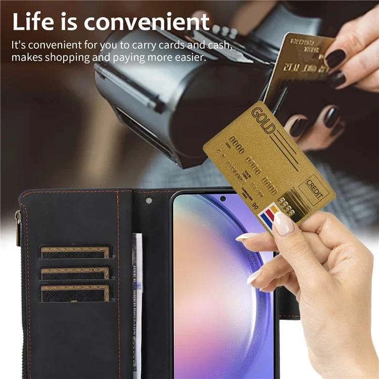 For Samsung Galaxy A24 4G (162.1 x 77.6 x 8.3mm) Zipper Pocket Wallet Stand Phone Case 9 Card Slots Imprinted Leather Shell - Black