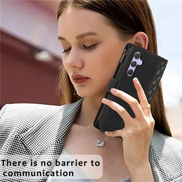 For Samsung Galaxy A24 4G (162.1 x 77.6 x 8.3mm) Zipper Pocket Wallet Stand Phone Case 9 Card Slots Imprinted Leather Shell - Black