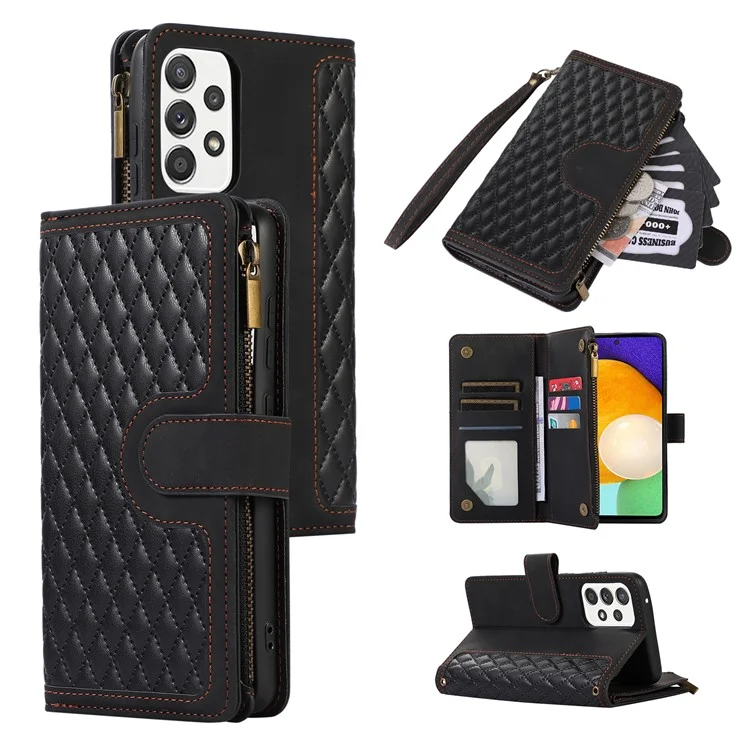Para Samsung Galaxy A53 5G Zipper Pocket Leather Stand Wallet Shell 9 Card Slots Rhombus Grid Phone Case - Negro