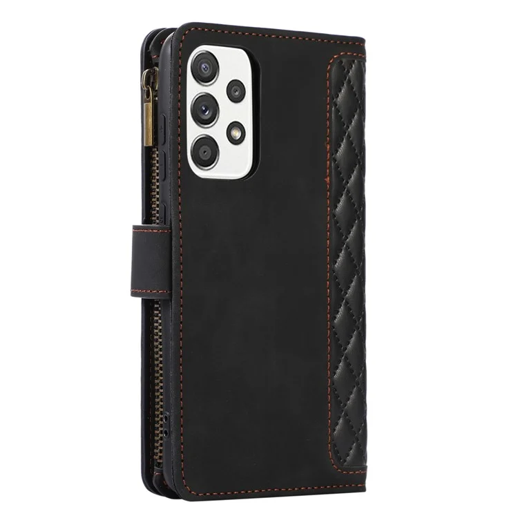 Para Samsung Galaxy A53 5G Zipper Pocket Leather Stand Wallet Shell 9 Card Slots Rhombus Grid Phone Case - Negro