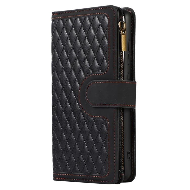 Para Samsung Galaxy A53 5G Zipper Pocket Leather Stand Wallet Shell 9 Card Slots Rhombus Grid Phone Case - Negro