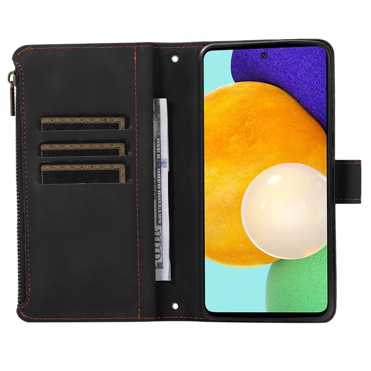Para Samsung Galaxy A53 5G Zipper Pocket Leather Stand Wallet Shell 9 Card Slots Rhombus Grid Phone Case - Negro