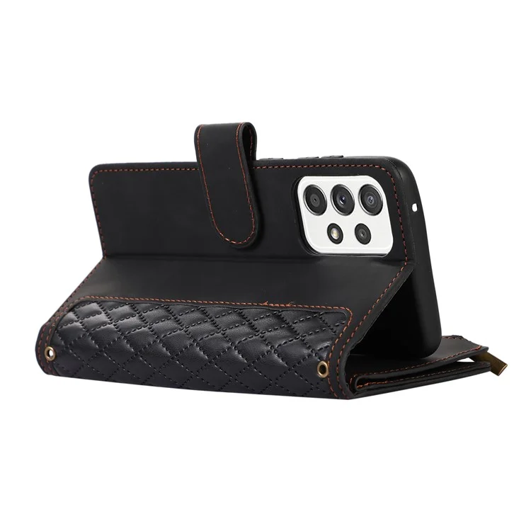 Para Samsung Galaxy A53 5G Zipper Pocket Leather Stand Wallet Shell 9 Card Slots Rhombus Grid Phone Case - Negro