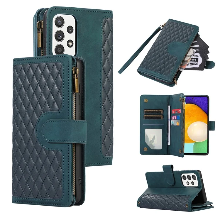 For Samsung Galaxy A32 5G / M32 5G Rhombus Design Zipper Pocket Leather Phone Case  9 Card Slots Wallet Stand Cover - Green