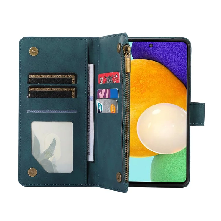 For Samsung Galaxy A32 5G / M32 5G Rhombus Design Zipper Pocket Leather Phone Case  9 Card Slots Wallet Stand Cover - Green