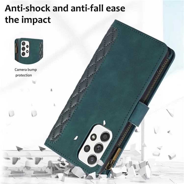 For Samsung Galaxy A32 5G / M32 5G Rhombus Design Zipper Pocket Leather Phone Case  9 Card Slots Wallet Stand Cover - Green