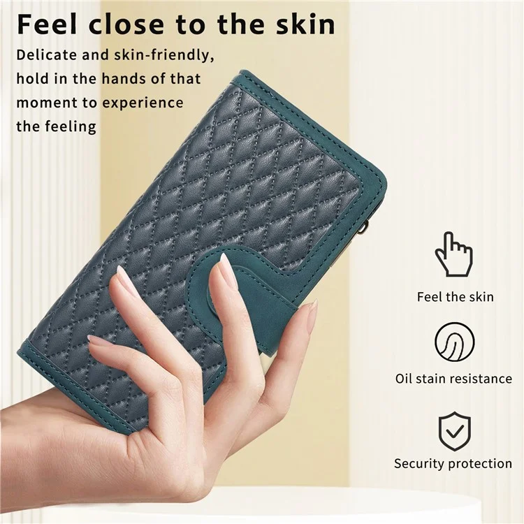 For Samsung Galaxy A32 5G / M32 5G Rhombus Design Zipper Pocket Leather Phone Case  9 Card Slots Wallet Stand Cover - Green