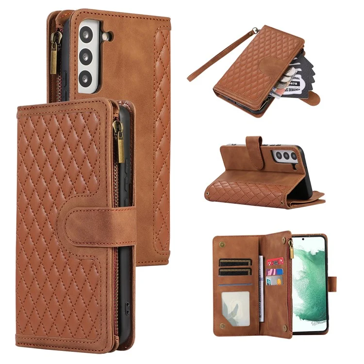 Pour Samsung Galaxy S21 FE 5G Zipper Pocket 9 Card Slots Phone Case PU Leather Wallet Stand Anti-drop Cover - Brown