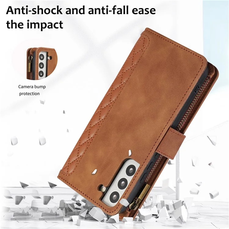 Pour Samsung Galaxy S21 FE 5G Zipper Pocket 9 Card Slots Phone Case PU Leather Wallet Stand Anti-drop Cover - Brown