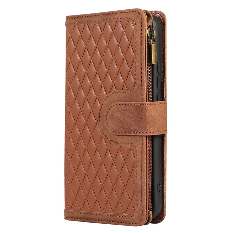 Pour Samsung Galaxy S21 FE 5G Zipper Pocket 9 Card Slots Phone Case PU Leather Wallet Stand Anti-drop Cover - Brown