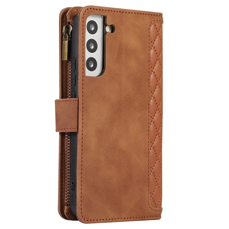 Pour Samsung Galaxy S21 FE 5G Zipper Pocket 9 Card Slots Phone Case PU Leather Wallet Stand Anti-drop Cover - Brown