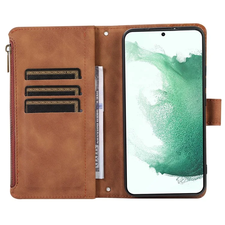 Pour Samsung Galaxy S21 FE 5G Zipper Pocket 9 Card Slots Phone Case PU Leather Wallet Stand Anti-drop Cover - Brown