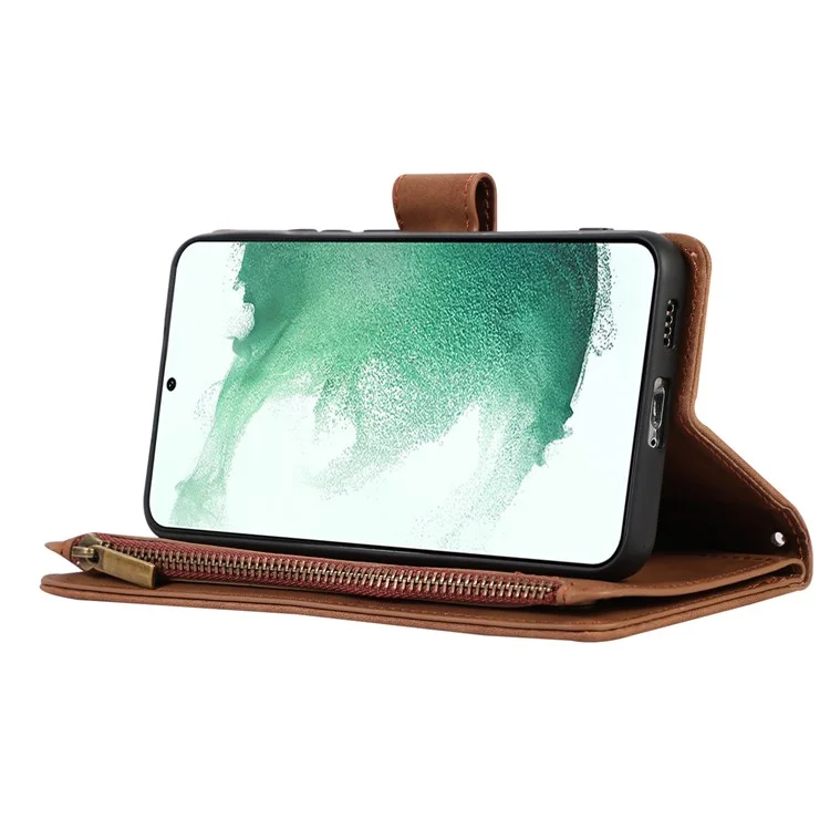 Pour Samsung Galaxy S21 FE 5G Zipper Pocket 9 Card Slots Phone Case PU Leather Wallet Stand Anti-drop Cover - Brown
