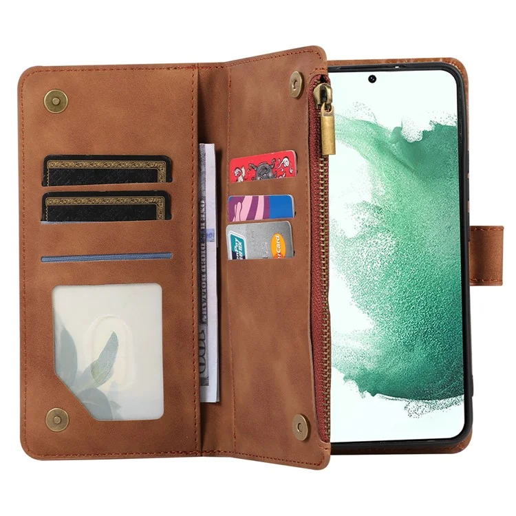 Pour Samsung Galaxy S21 FE 5G Zipper Pocket 9 Card Slots Phone Case PU Leather Wallet Stand Anti-drop Cover - Brown