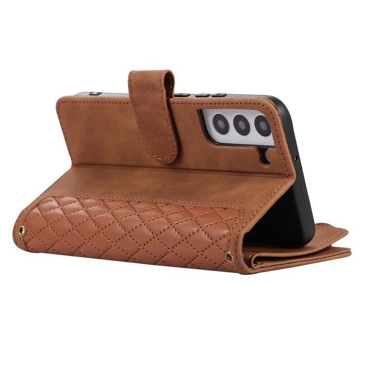 Pour Samsung Galaxy S21 FE 5G Zipper Pocket 9 Card Slots Phone Case PU Leather Wallet Stand Anti-drop Cover - Brown