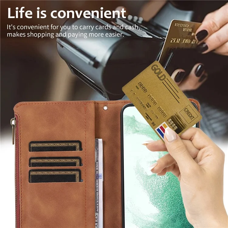 Pour Samsung Galaxy S21 FE 5G Zipper Pocket 9 Card Slots Phone Case PU Leather Wallet Stand Anti-drop Cover - Brown