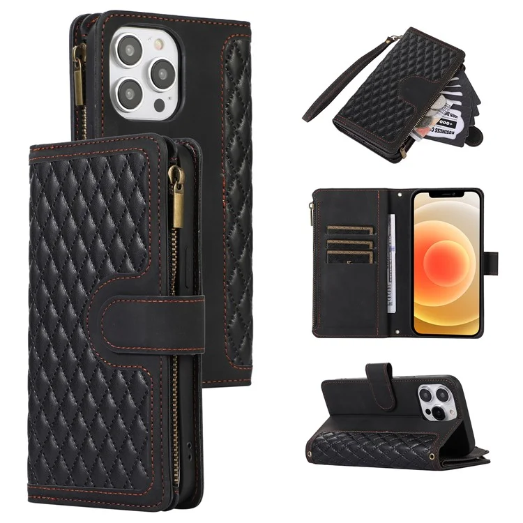 For iPhone 12 / 12 Pro 6.1 inch Zipper Pocket Leather Protective Shell Wallet Stand Phone Case with 9 Card Slots - Black