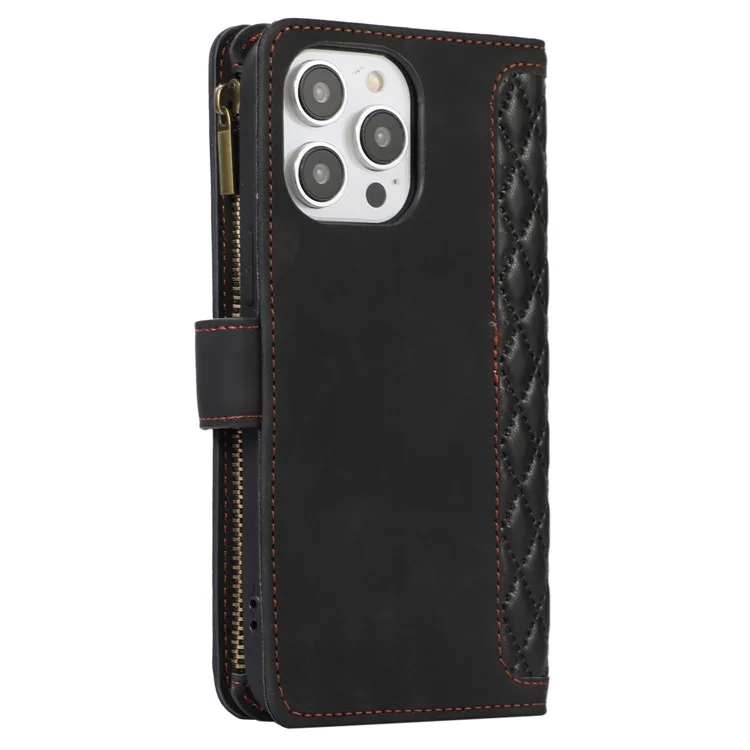 For iPhone 12 / 12 Pro 6.1 inch Zipper Pocket Leather Protective Shell Wallet Stand Phone Case with 9 Card Slots - Black