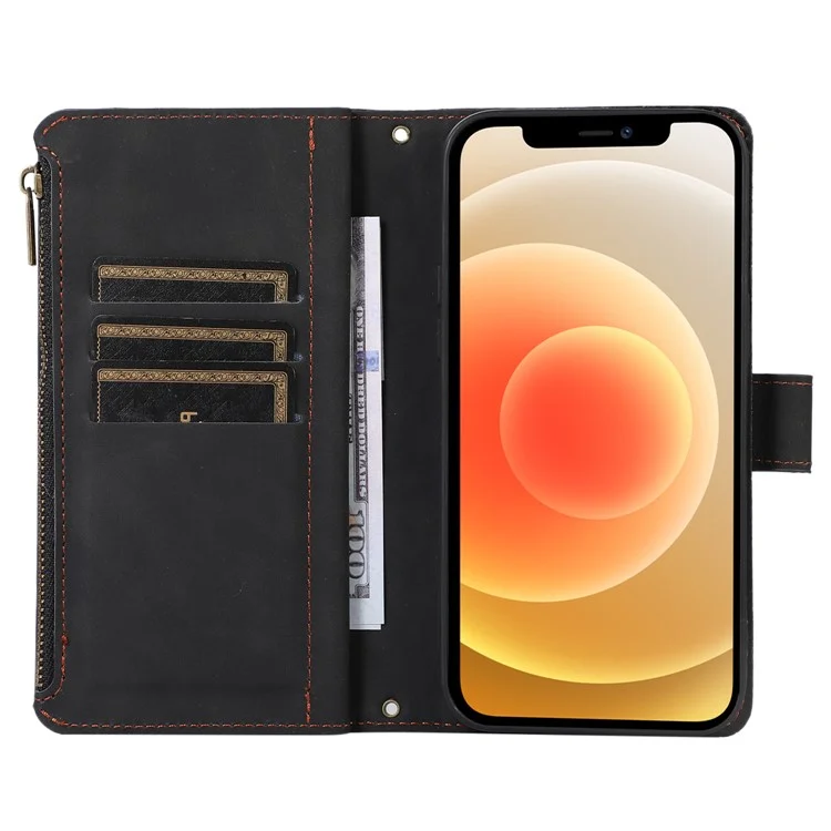 For iPhone 12 / 12 Pro 6.1 inch Zipper Pocket Leather Protective Shell Wallet Stand Phone Case with 9 Card Slots - Black