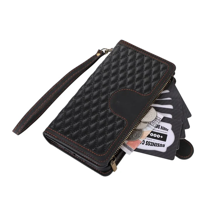 For iPhone 12 / 12 Pro 6.1 inch Zipper Pocket Leather Protective Shell Wallet Stand Phone Case with 9 Card Slots - Black