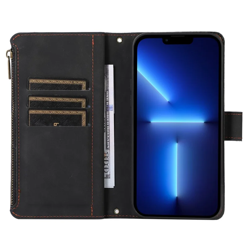 Pour iPhone 13 Pro 6.1 pouces Étui portefeuille en cuir avec support et poche zippée - Noir