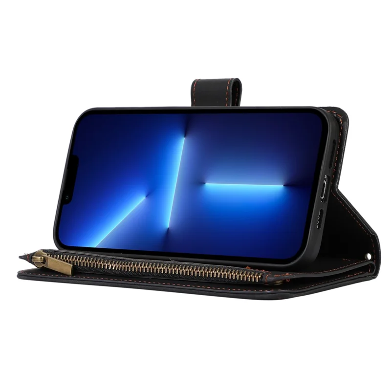 Pour iPhone 13 Pro 6.1 pouces Étui portefeuille en cuir avec support et poche zippée - Noir
