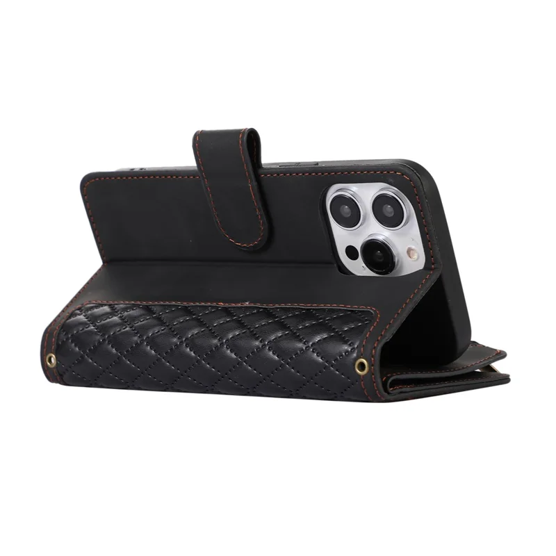 Pour iPhone 13 Pro 6.1 pouces Étui portefeuille en cuir avec support et poche zippée - Noir