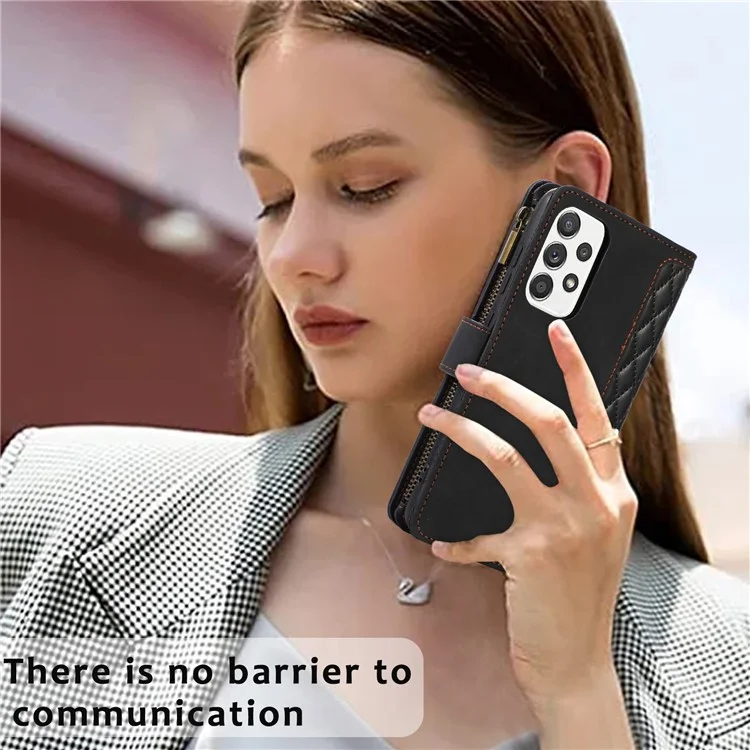 Para Samsung Galaxy A32 4G (Versão EU) Rhombus Imprint Zipper Pocket Wallet Phone Case Leather Card Holder Stand Cover - Preto