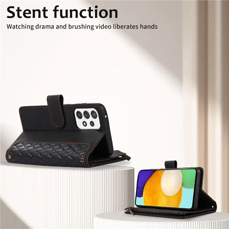 Para Samsung Galaxy A32 4G (Versão EU) Rhombus Imprint Zipper Pocket Wallet Phone Case Leather Card Holder Stand Cover - Preto