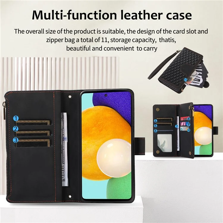 Para Samsung Galaxy A32 4G (Versão EU) Rhombus Imprint Zipper Pocket Wallet Phone Case Leather Card Holder Stand Cover - Preto