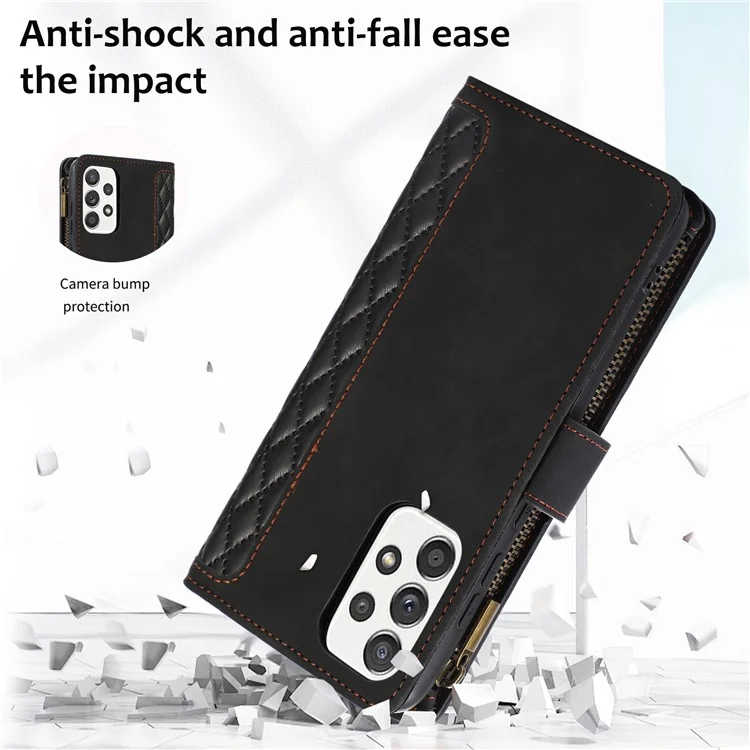Para Samsung Galaxy A32 4G (Versão EU) Rhombus Imprint Zipper Pocket Wallet Phone Case Leather Card Holder Stand Cover - Preto