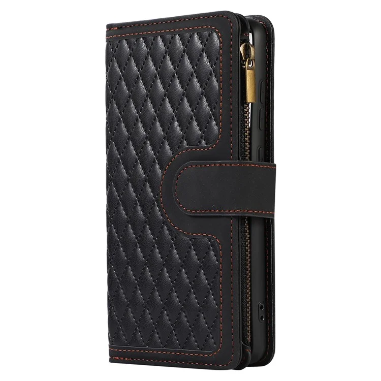 Para Samsung Galaxy A32 4G (Versão EU) Rhombus Imprint Zipper Pocket Wallet Phone Case Leather Card Holder Stand Cover - Preto