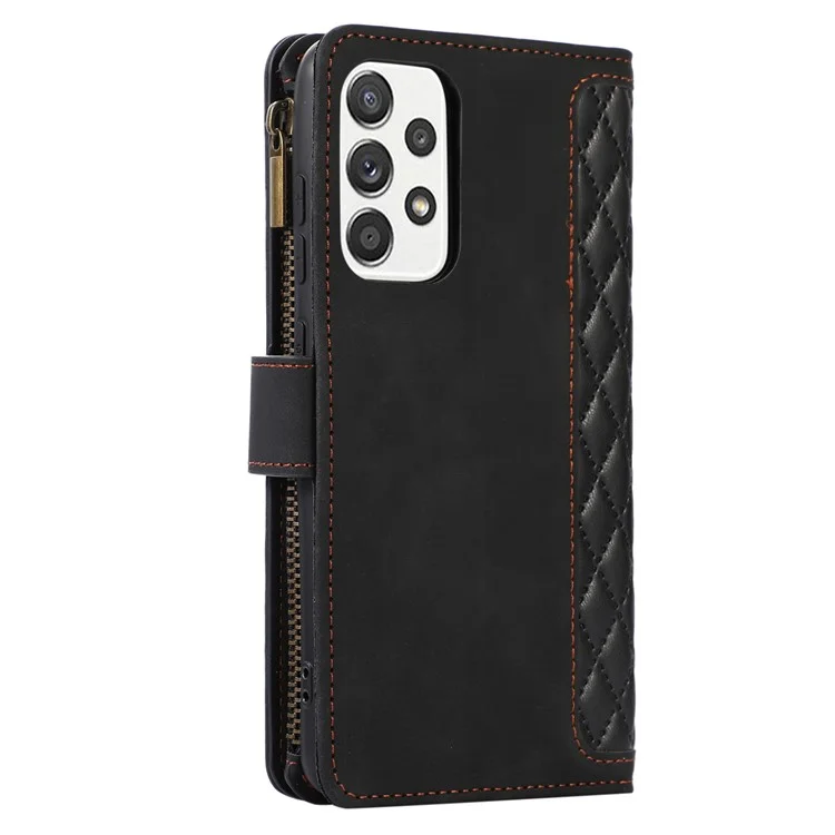 Para Samsung Galaxy A32 4G (Versão EU) Rhombus Imprint Zipper Pocket Wallet Phone Case Leather Card Holder Stand Cover - Preto