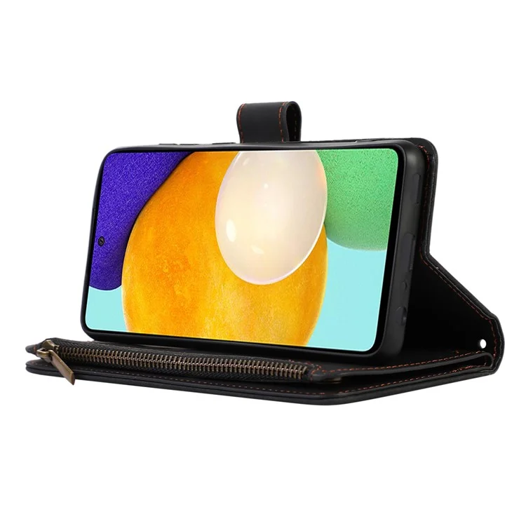 Para Samsung Galaxy A32 4G (Versão EU) Rhombus Imprint Zipper Pocket Wallet Phone Case Leather Card Holder Stand Cover - Preto