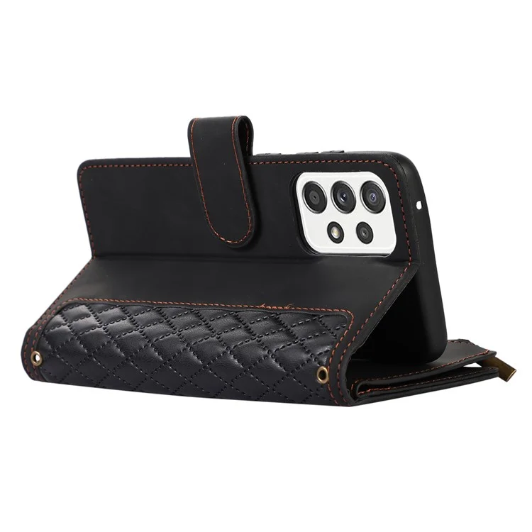 Para Samsung Galaxy A32 4G (Versão EU) Rhombus Imprint Zipper Pocket Wallet Phone Case Leather Card Holder Stand Cover - Preto