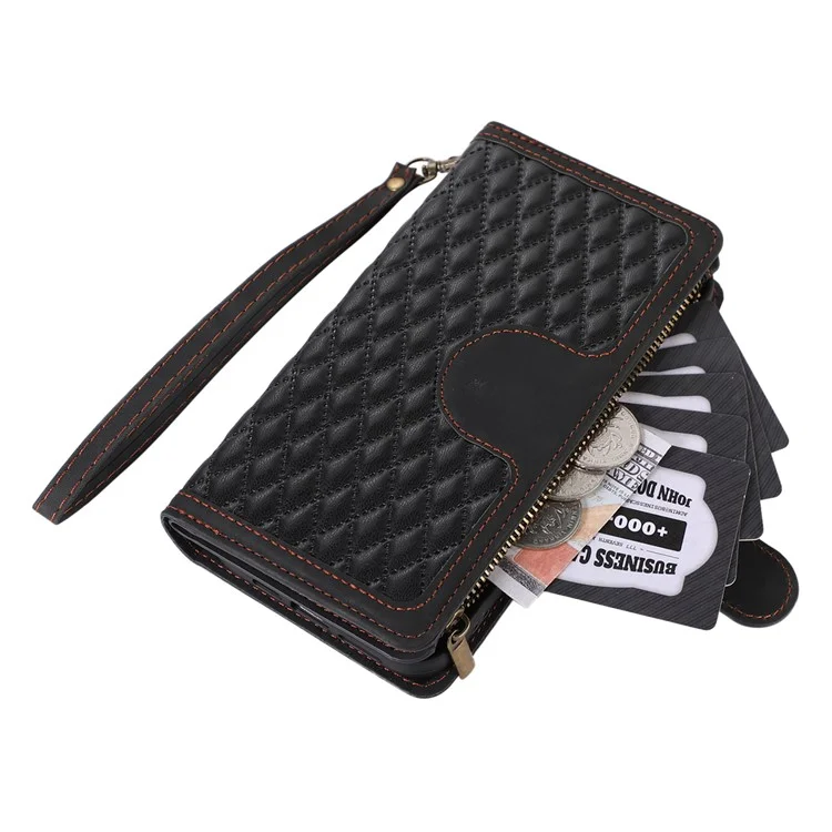 Para Samsung Galaxy A32 4G (Versão EU) Rhombus Imprint Zipper Pocket Wallet Phone Case Leather Card Holder Stand Cover - Preto