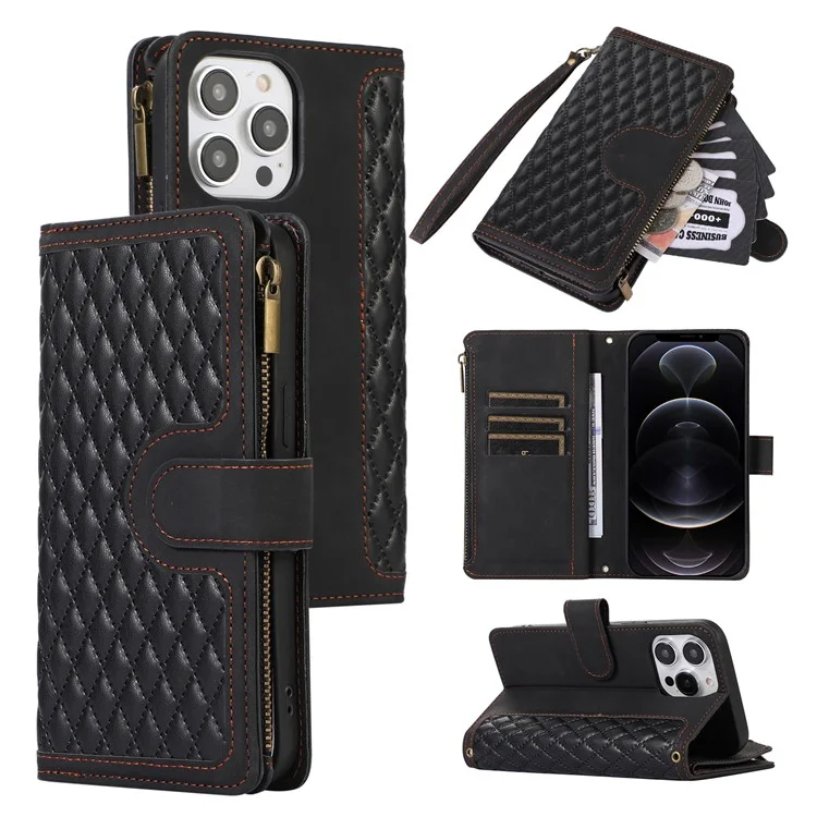 Per iPhone 12 Pro Max 6.7 pollici Custodia in pelle con portafoglio e porta carte Rhombus Imprinted Stand Cover con tasca con zip - Nero