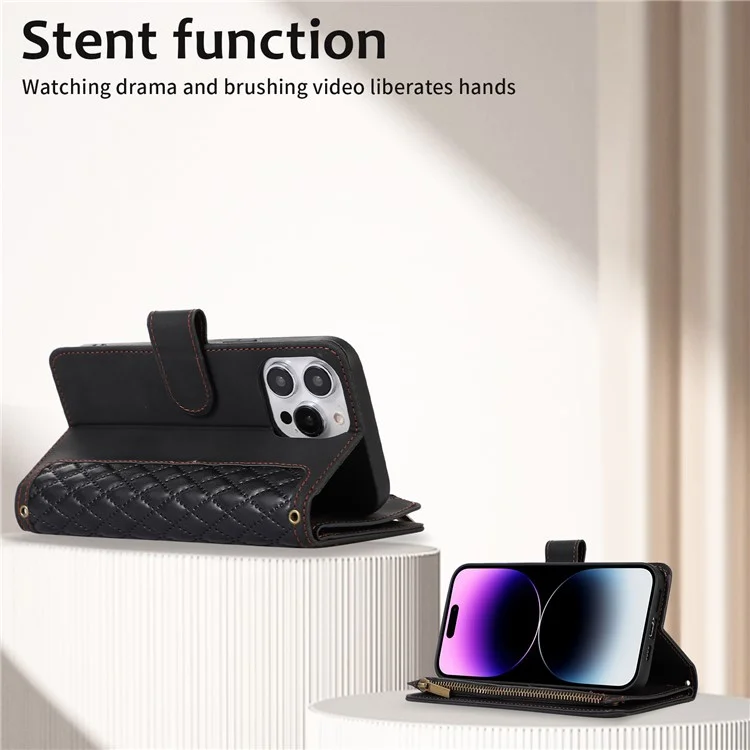 Per iPhone 12 Pro Max 6.7 pollici Custodia in pelle con portafoglio e porta carte Rhombus Imprinted Stand Cover con tasca con zip - Nero