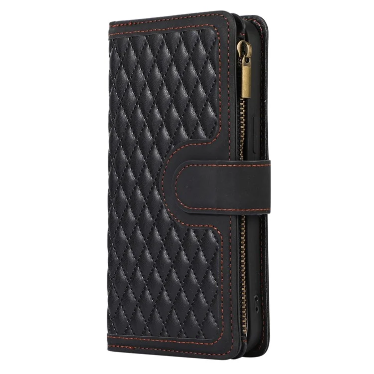Per iPhone 12 Pro Max 6.7 pollici Custodia in pelle con portafoglio e porta carte Rhombus Imprinted Stand Cover con tasca con zip - Nero