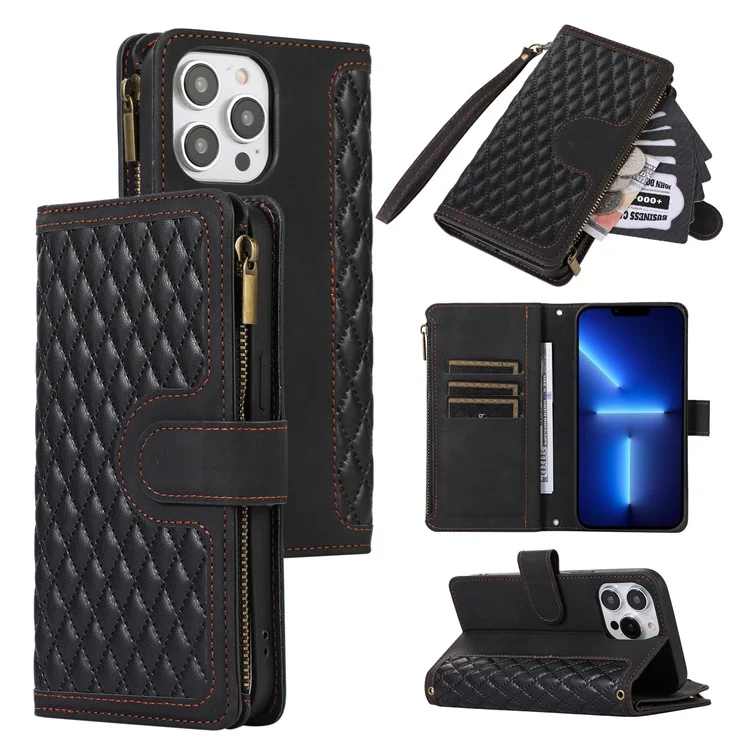 Per iPhone 13 Pro Max 6.7 pollici Custodia in pelle PU con 9 slot per schede Zip Pocket Flip Stand Cover - Nero