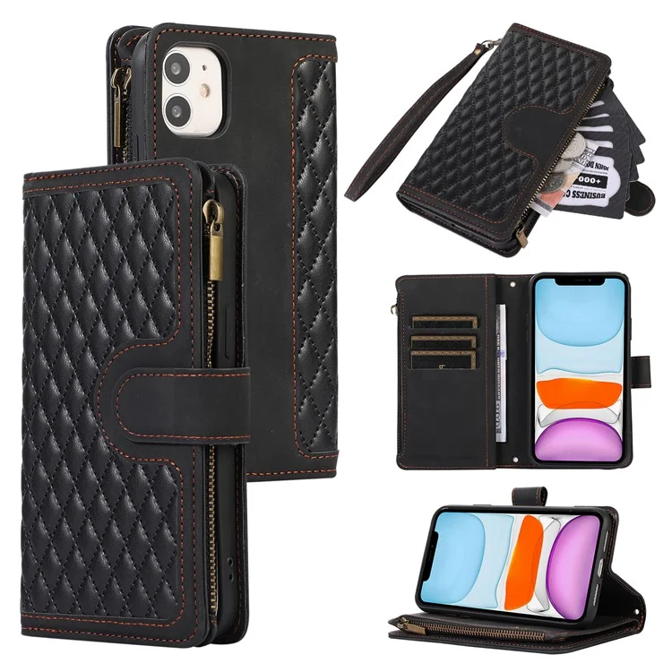 Pour iPhone 11 Zipper Pocket Leather Wallet Phone Case 9 Card Slots Rhombus Imprinted Stand Shell - Noir